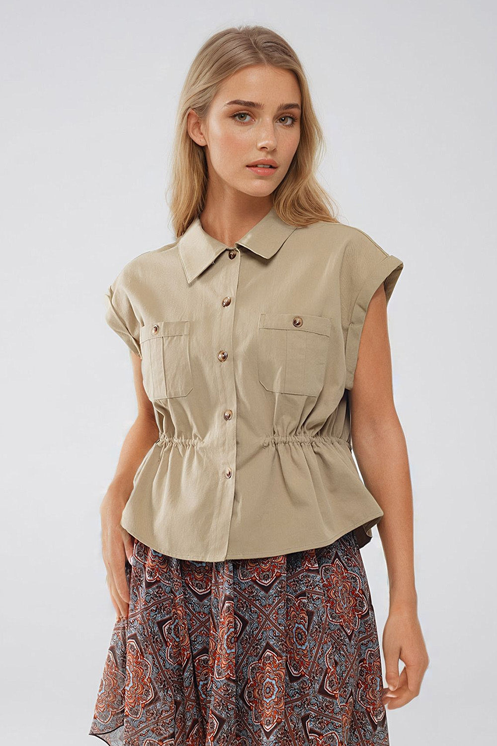 Khaki Devon Cropped Button-Up